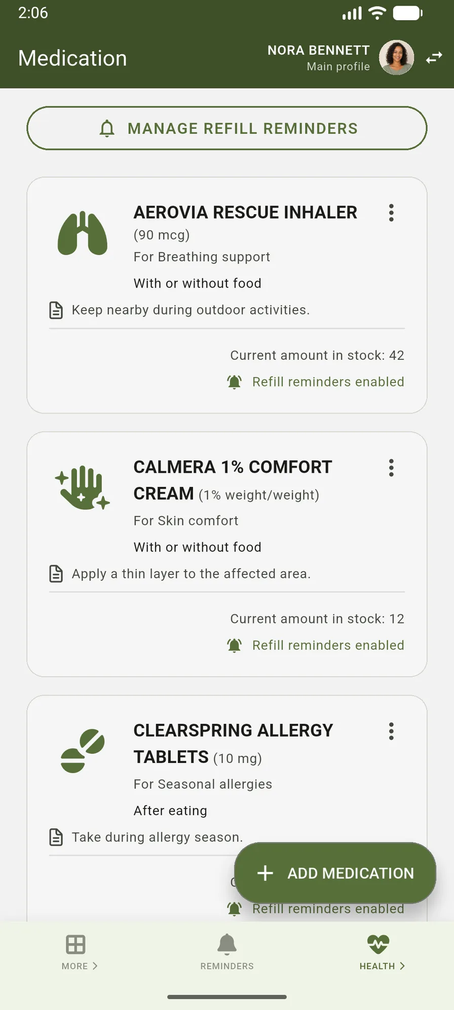 VidaLog medication list with doses, instructions, conditions, stock, and refill reminders