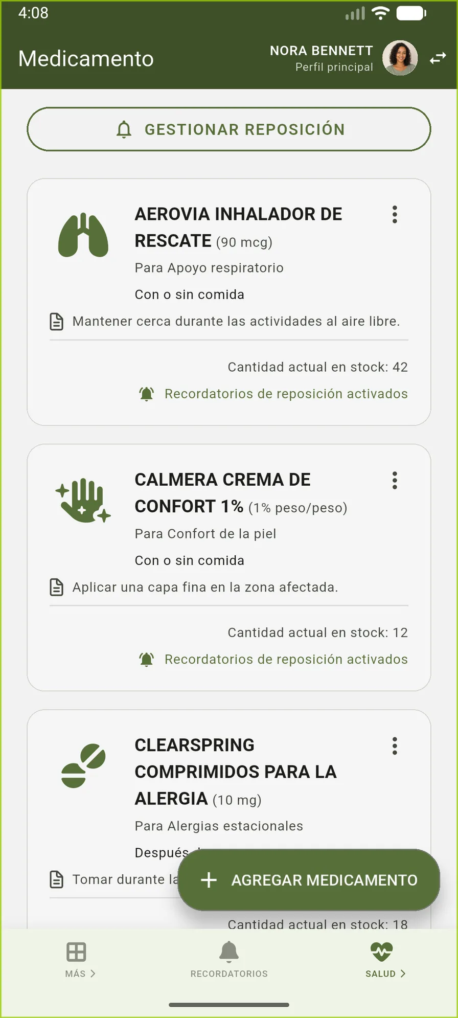 Lista de medicamentos de VidaLog con dosis, instrucciones, condiciones, existencias y recordatorios de reposición