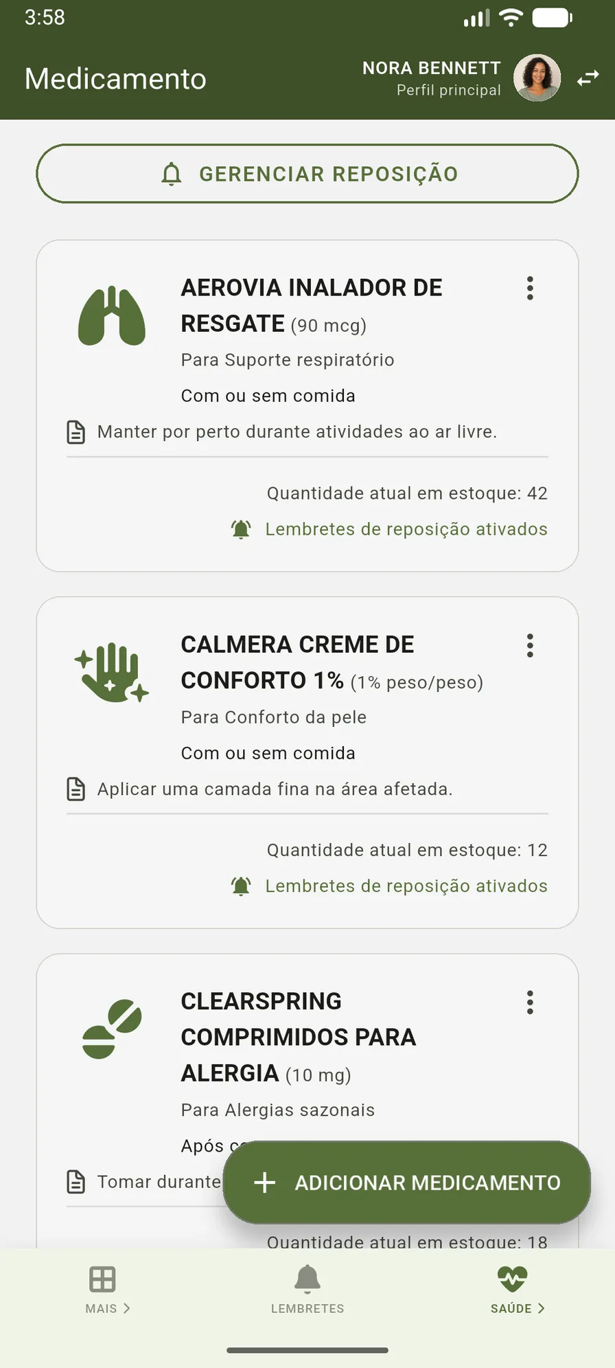 Lista de medicamentos do VidaLog com doses, instruções, condições, estoque e lembretes de reposição
