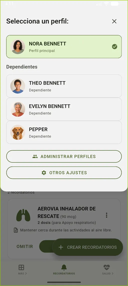 Selector de perfiles de VidaLog con Nora, Theo, Evelyn y Pepper