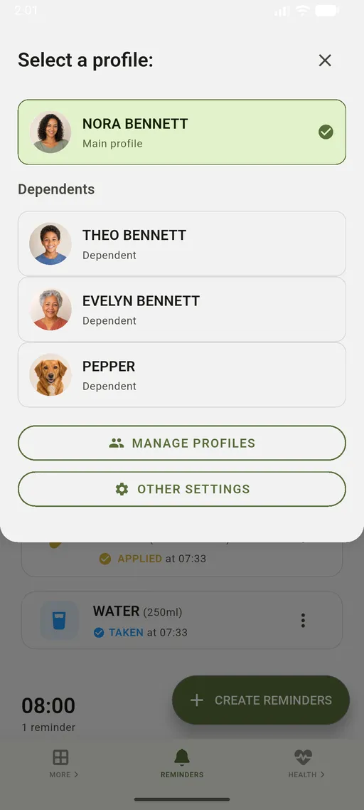 VidaLog profile switcher showing Nora, Theo, Evelyn, and Pepper