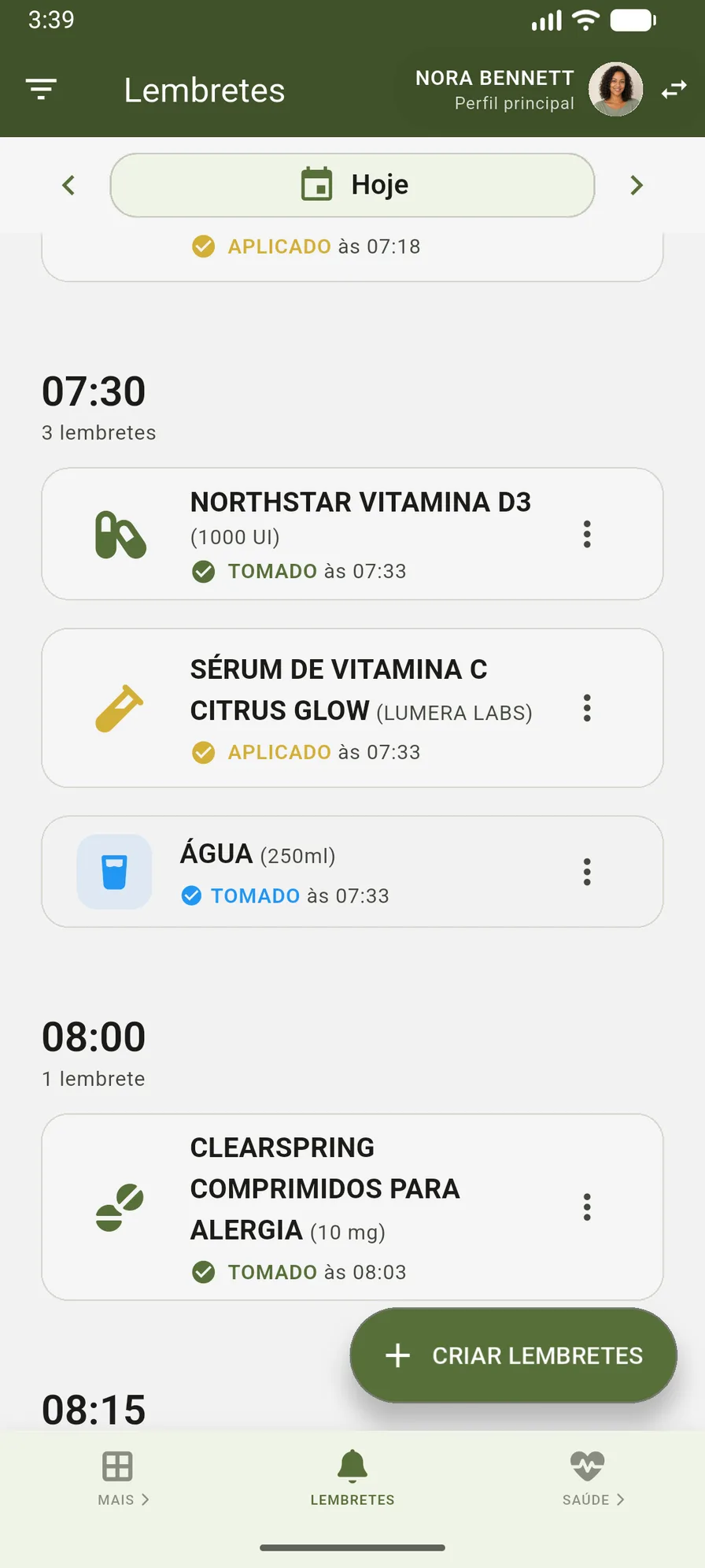 Lembretes do VidaLog com rotinas de medicamentos, skincare e água juntas para Nora Bennett