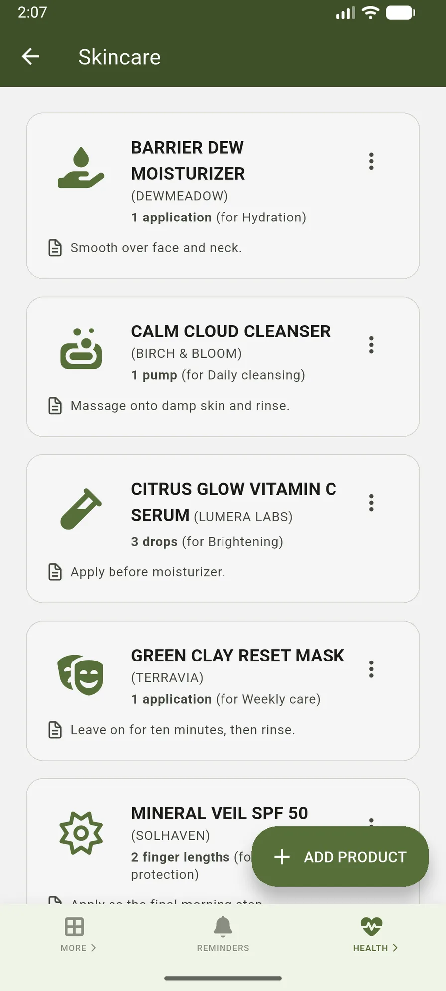 VidaLog skincare product list for the main profile