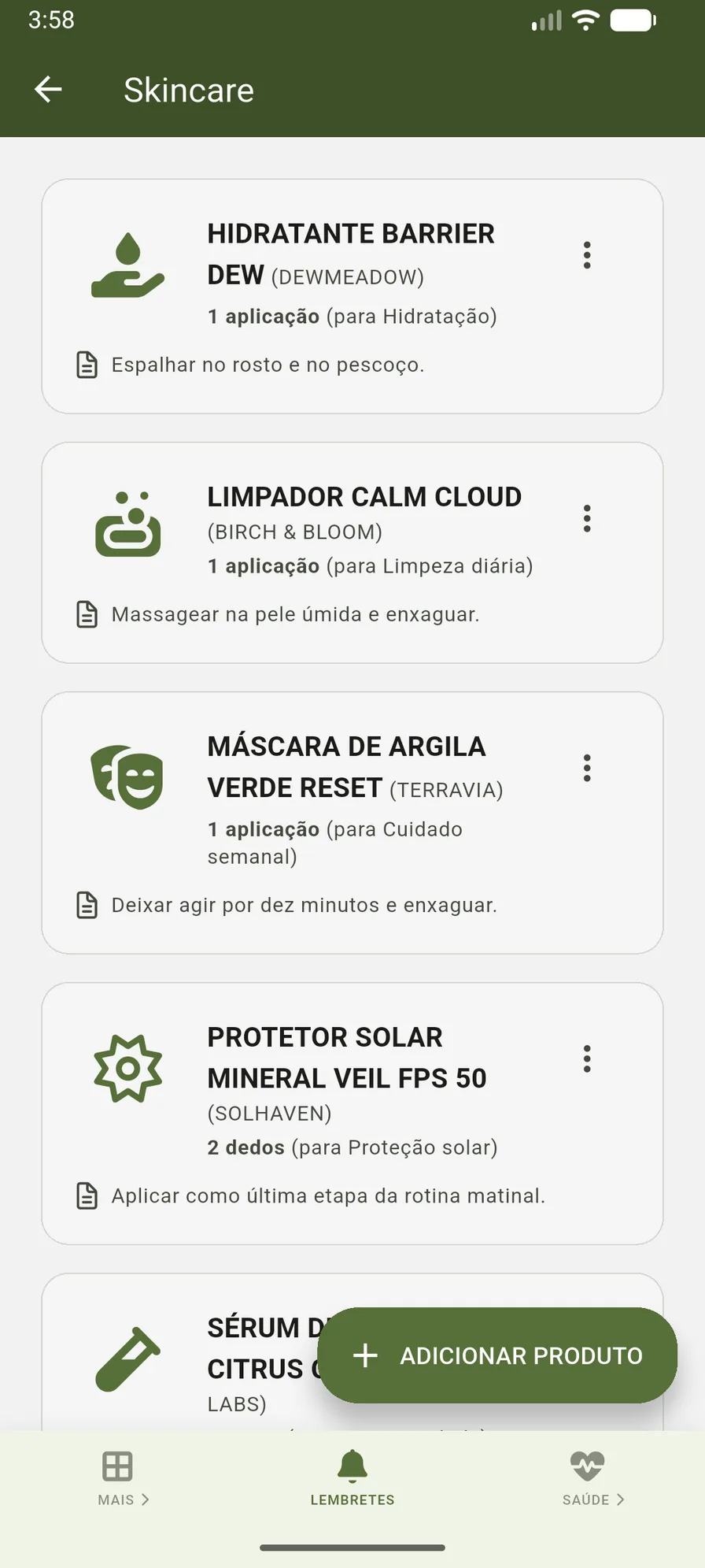 Lista de produtos de skincare do VidaLog no perfil principal