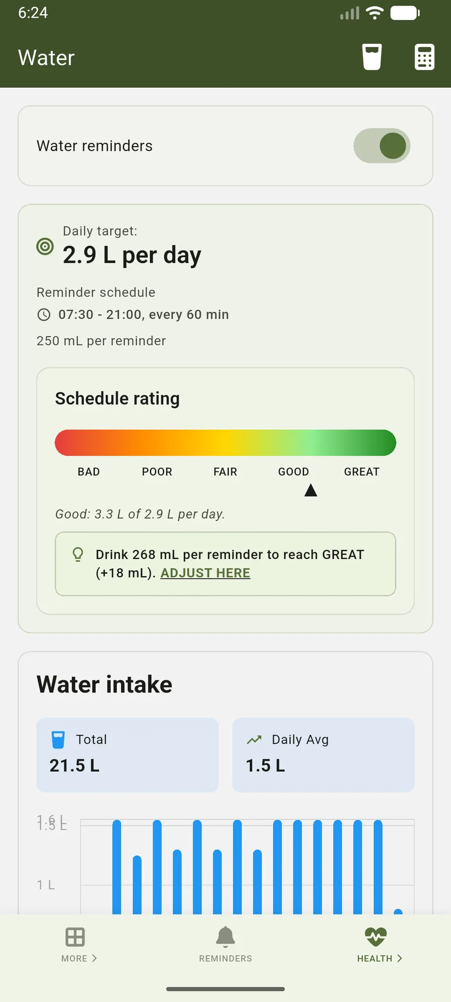 VidaLog water tracking screen showing intake progress and reminder settings