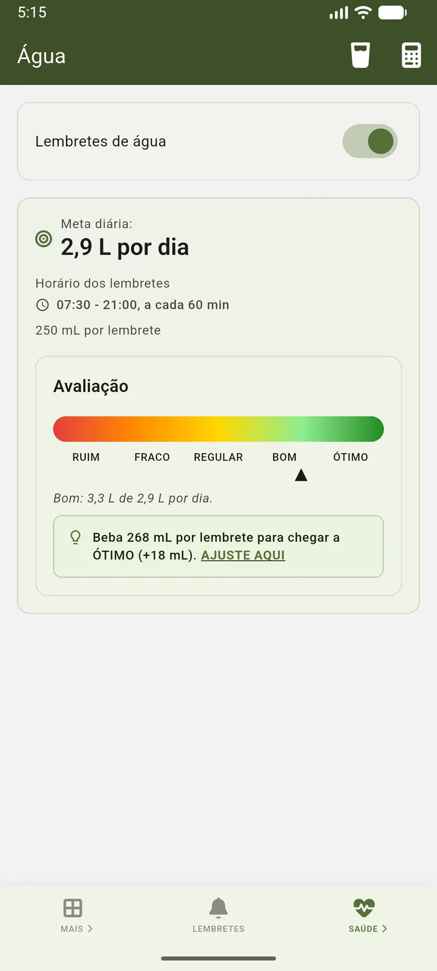 Tela de hidratação do VidaLog com progresso de consumo e configurações de lembretes