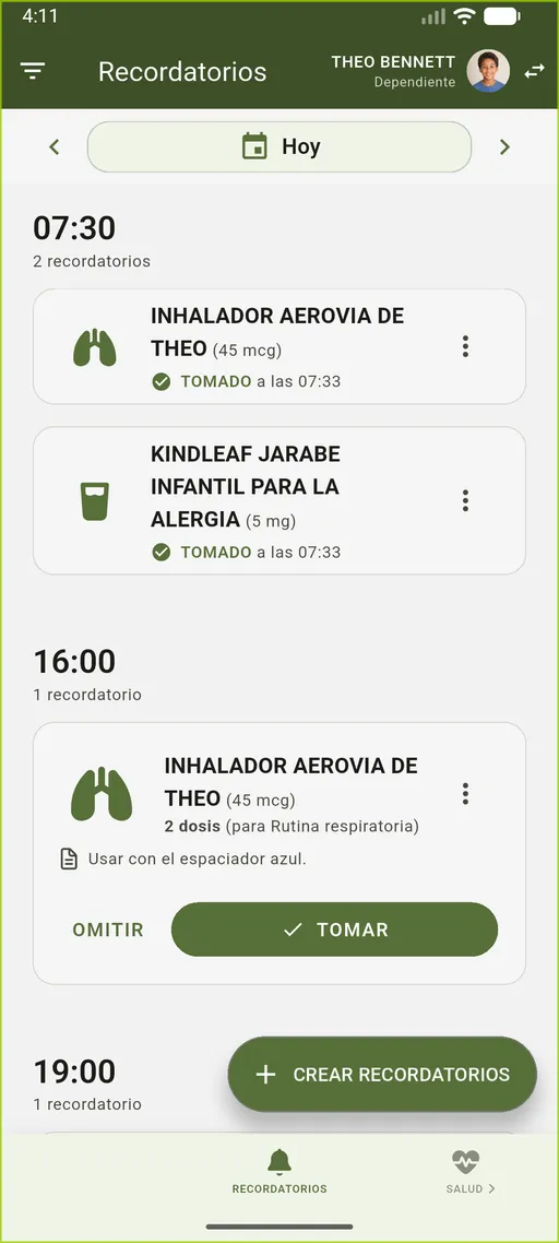 Recordatorios de medicamentos de VidaLog para Theo Bennett