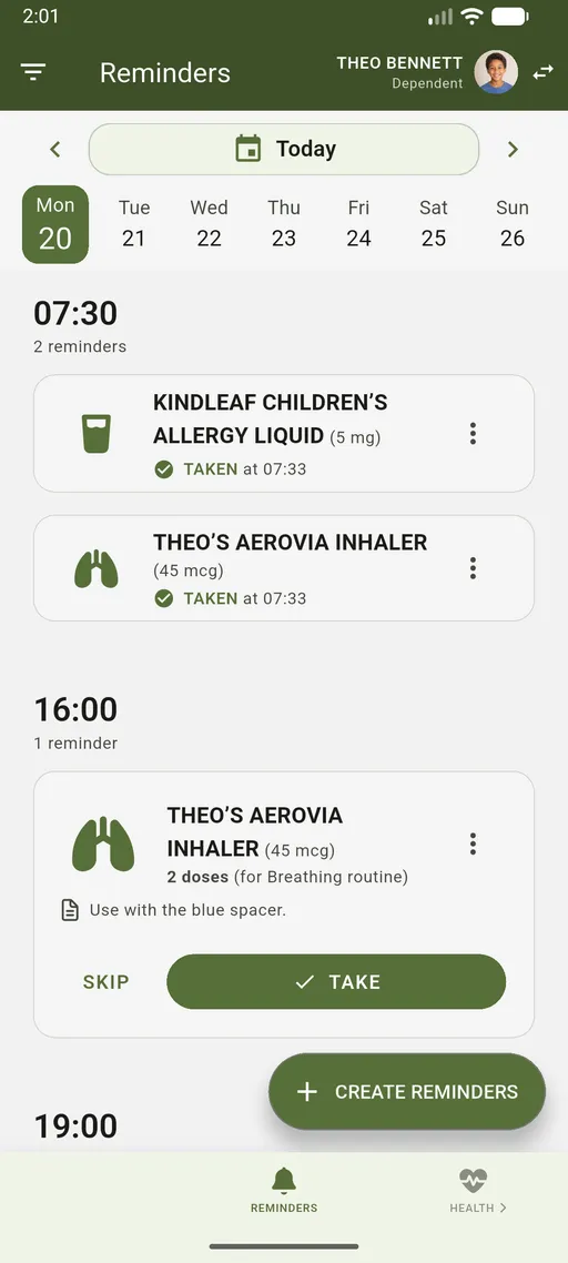 VidaLog medication reminders for Theo Bennett